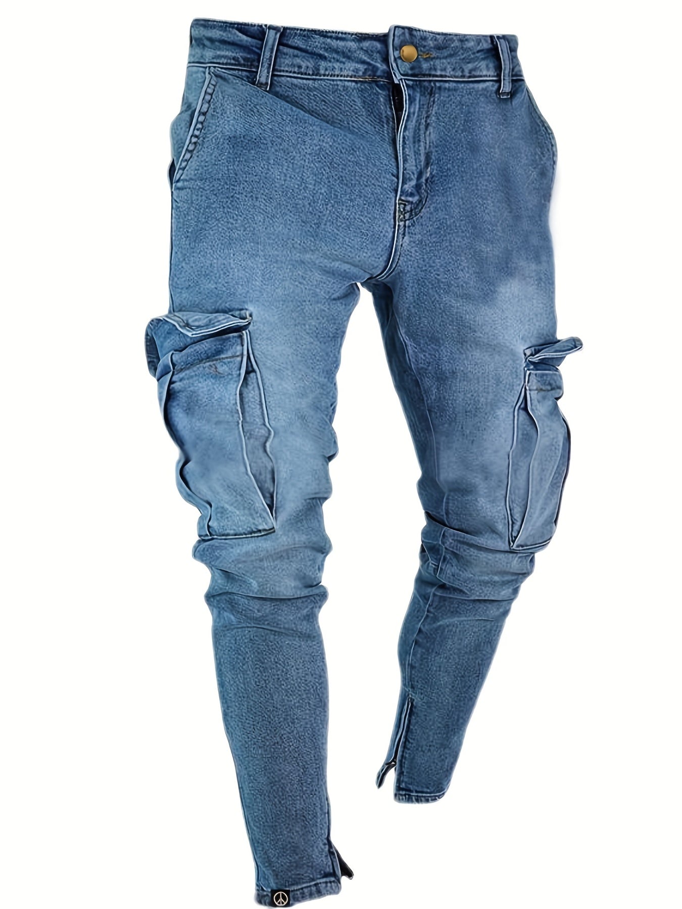 Slim Fit Flap Pocket Cargo Jeans, Men's Casual Solid Color Slightly Stretch Multi Pocket Denim Pants For Spring Summer