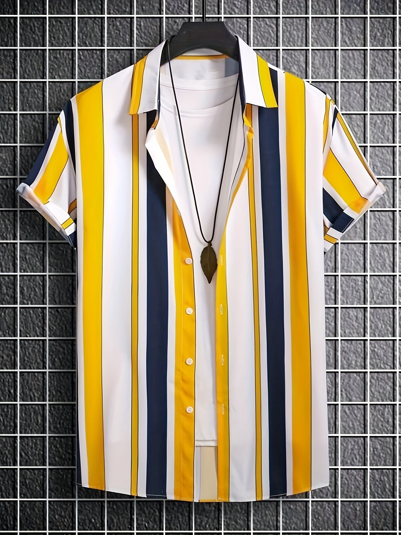 Casual Color Block Striped Men's Short Sleeve Lapel Hawaiian Shirt (without T-shirt), Summer Holiday Top