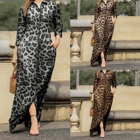 Popular Women's Long Sleeve Leopard Print Shirt Long Dress