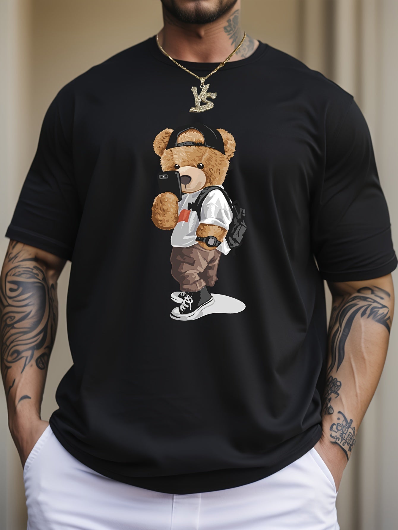 Cartoon Teddy Bear Print, Men's Graphic Design Crew Neck T-shirt, Casual Comfy Tees Tshirts For Summer, Men's Clothing Tops For Daily Vacation Resorts