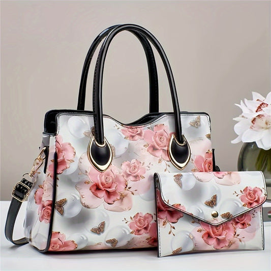 2pcs Floral Pattern Handbag Set, Women's Tote Bag With Clutch Bag, Fashion Crossbody Bag & Satchel Purse