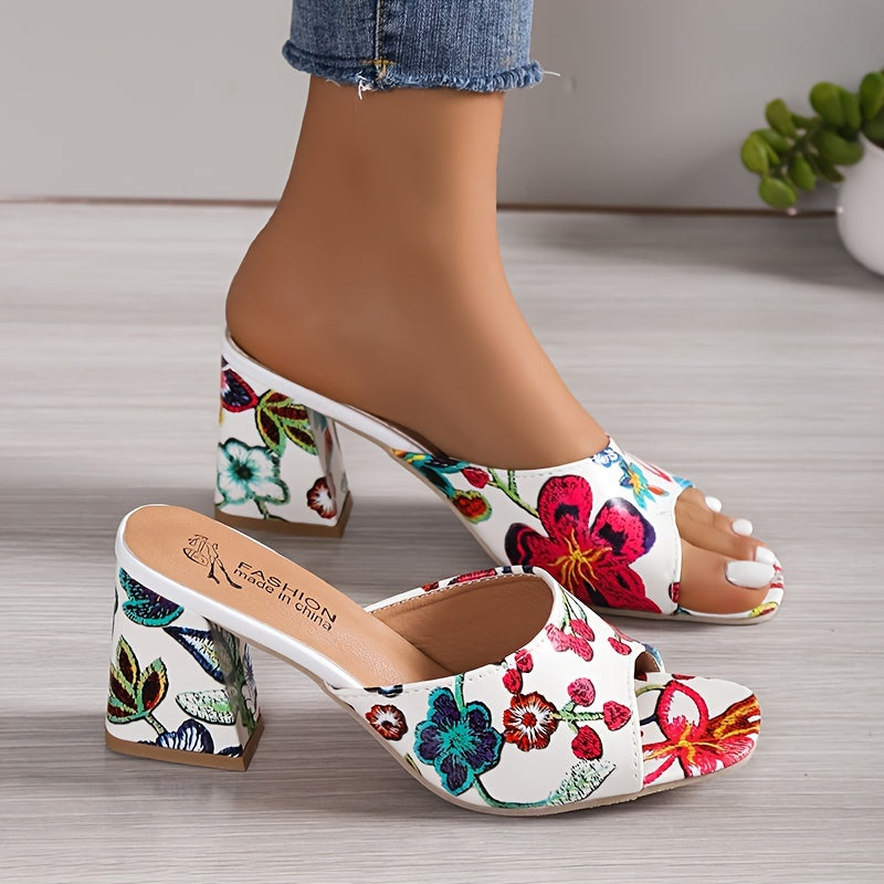 Women's Flower Pattern Chunky Heel Sandals, Fashion Open Toe Dress Pumps, Stylish Slip On Heels