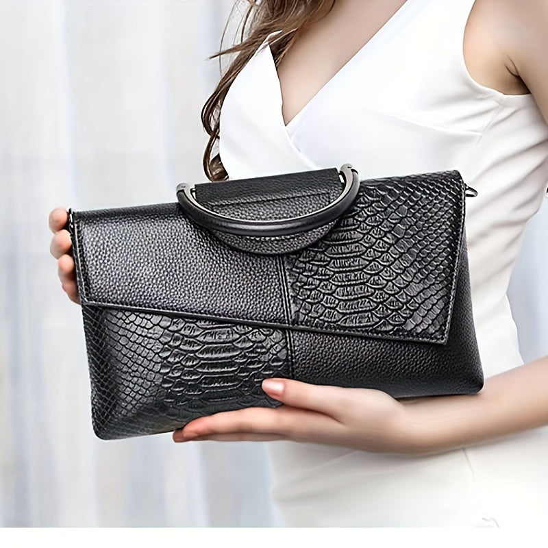Black Crocodile Pattern Clutch Wallet, Classic Minimalist Coin Purse With Top Handle Handle For Women