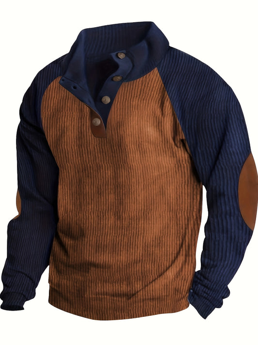 Men's Casual Color Block Corduroy Stand Collar Sweatshirt, Chic 1/4 Button Long Sleeve Pullover Sports Tops