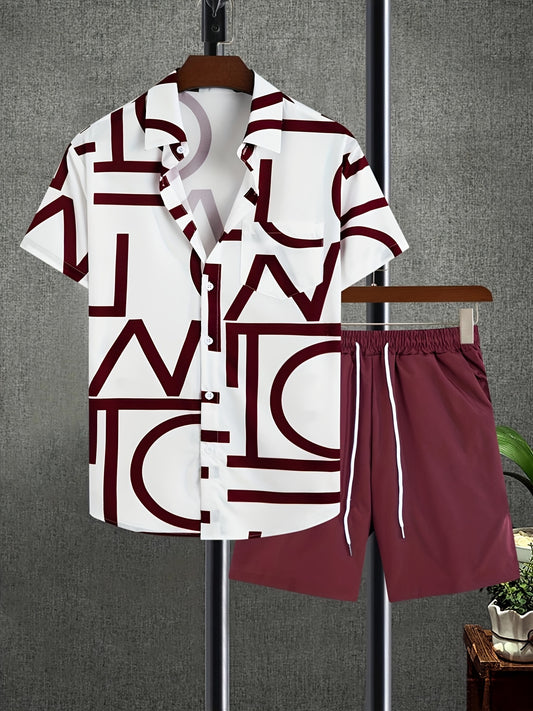 2pcs, Letter Print Everywhere Men's Summer Short Sleeve Button Up Shirt And Shorts Set