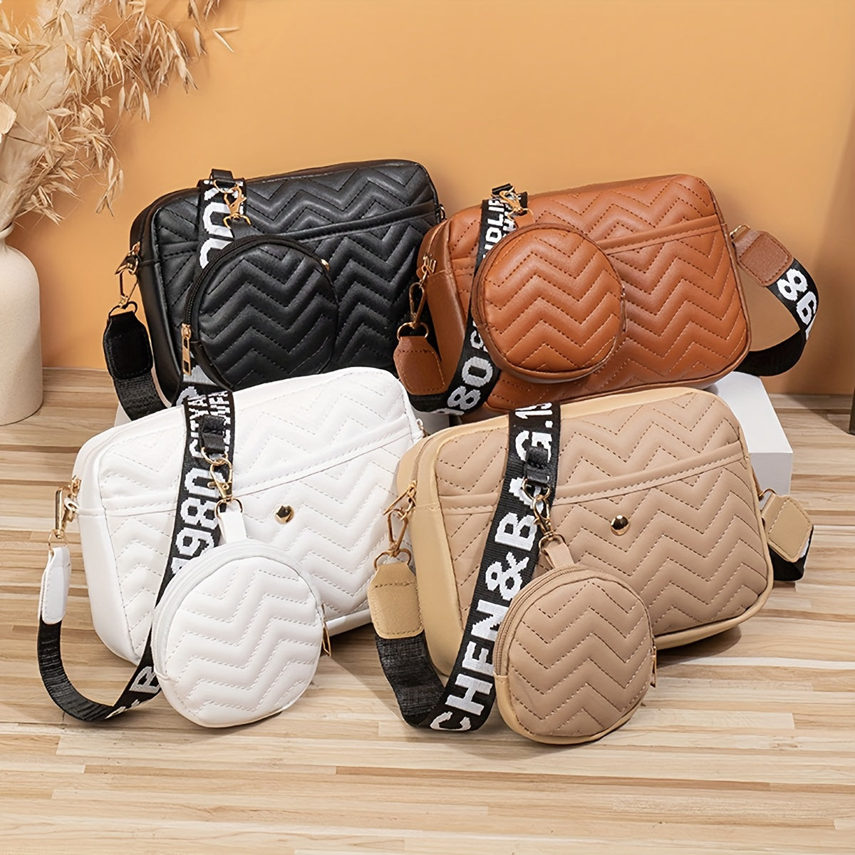 2pcs Quilted Crossbody Bag Set, Women's PU Leather Shoulder Bag With Mini Coin Purse