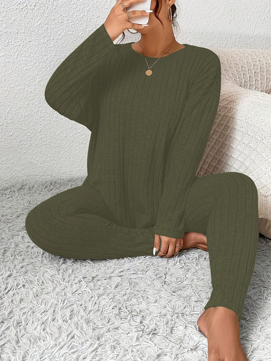 Plus Size Basic Lounge Set, Set Di 2 Pezzi Pigiama Da Donna Plus Solid Long Sleeve Ribbed Knit Top & Leggings