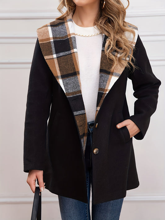 Cappotto Con Motivo Scozzese Taglie Forti, Capispalla Casual Con Risvolto A Maniche Lunghe Per L'autunno, Abbigliamento Taglie Forti Da Donna