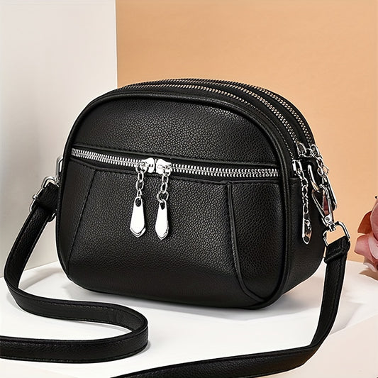 Solid Color Zipper Dome Bag, PU Leather Shoulder Bag, Multi-Pockets Fashion Crossbody Bag