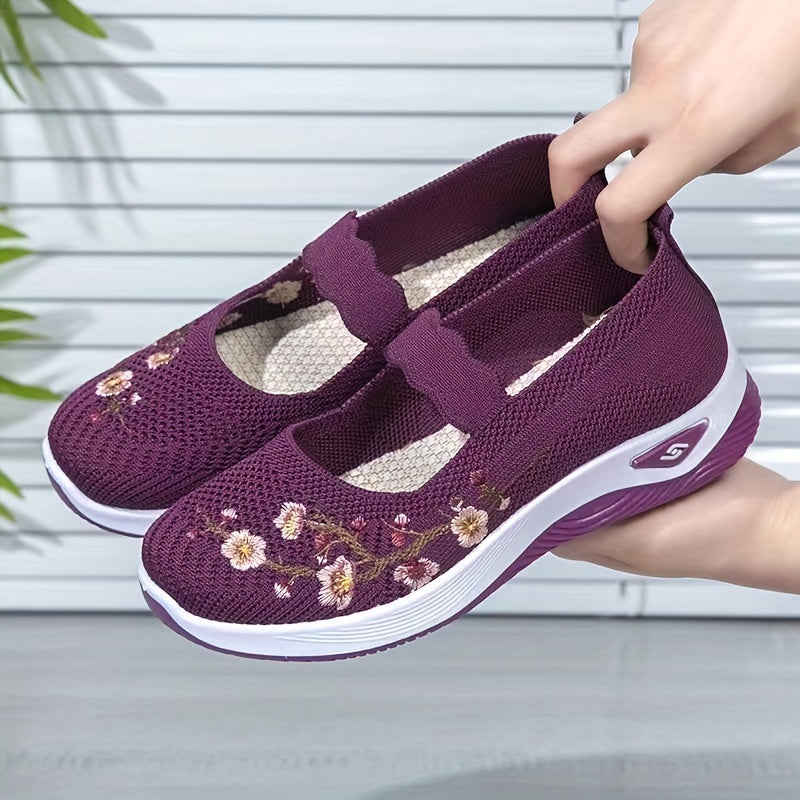 Women's Knitted Flat Shoes, Comfy Floral Embroidered Slip On Shoes, Outdoor Casual & Comfy Shoes