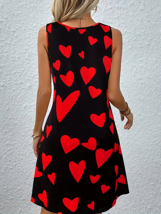 Heart Print Tank Dress, Elegant Sleeveless Dress Spring & Summer, Women's Clothing, Valentine's Day