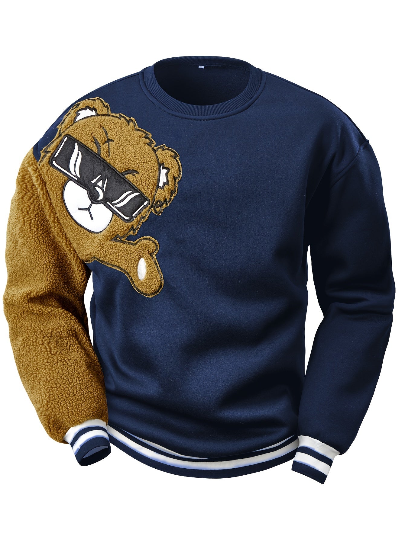 Men's Cartoon Bear Embroidery Crew Neck Sweatshirt, Loose Fit Sports Tops