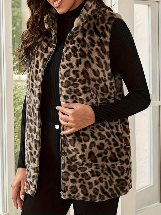 Plus Size Casual Coat, Gilet Con Cerniera In Pelliccia Sintetica Stampa Leopardo Con Collo Alto E Tasche Per Donne Di Taglia Forte