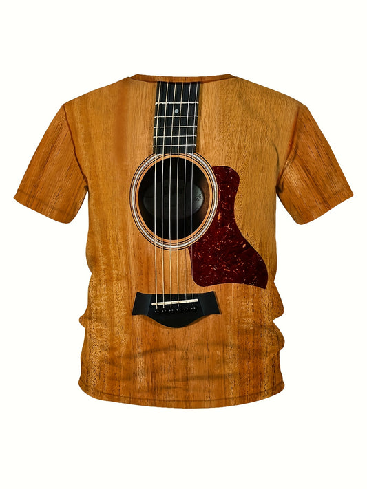 3D Guitar Print Men's T-shirt For Summer Outdoor, Men's Vintage Crew Neck Tops