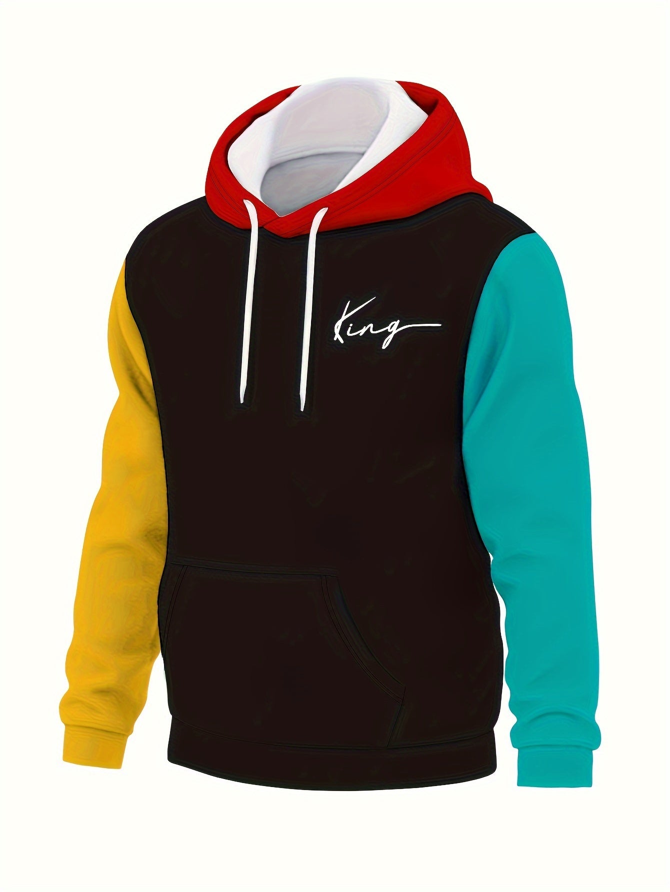 King Print Men's Color Block Hooded Sweatshirt With Drawstring, Men's Spring Fall Stretch Hoodie