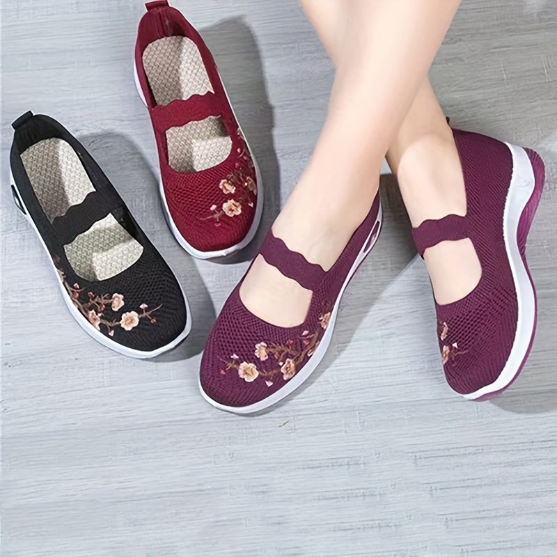 Women's Knitted Flat Shoes, Comfy Floral Embroidered Slip On Shoes, Outdoor Casual & Comfy Shoes