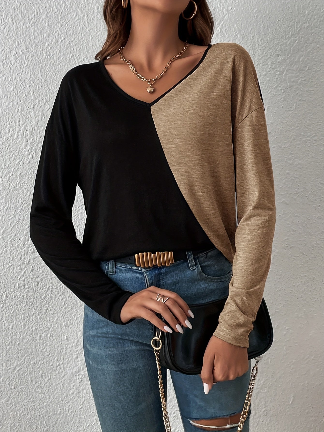 T-shirt Con Scollo A V Colorblock, Top Casual A Maniche Lunghe Per La Primavera E L'autunno, Abbigliamento Femminile