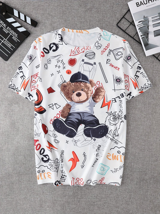 Cartoon Graffiti & Toy Bear Pattern Men's Chic T-shirt For Summer Outdoor