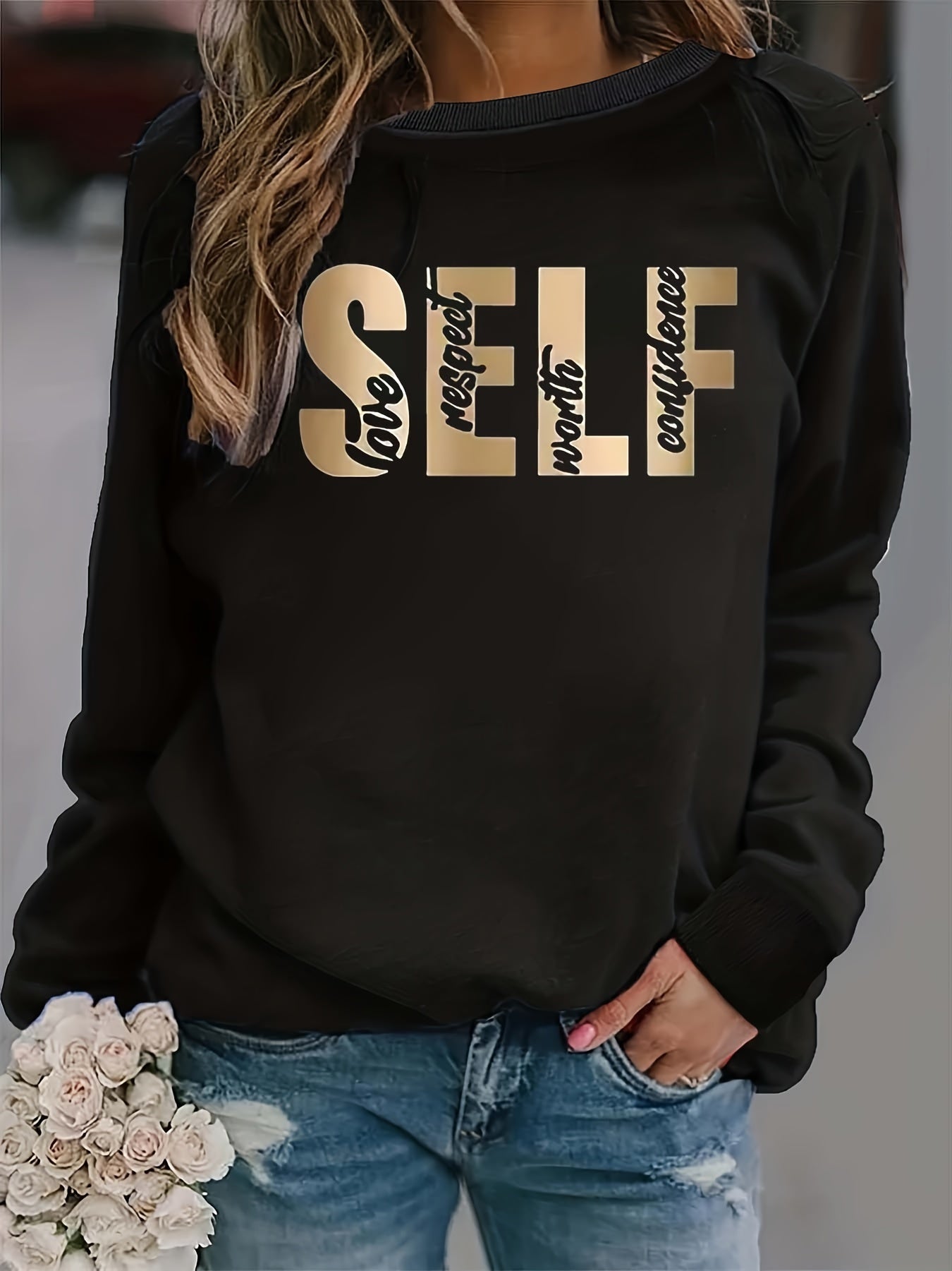 Felpa Con Stampa Di Lettere Taglie Forti, Felpa Pullover Girocollo Casual A Maniche Lunghe, Abbigliamento Da Donna Taglie Forti