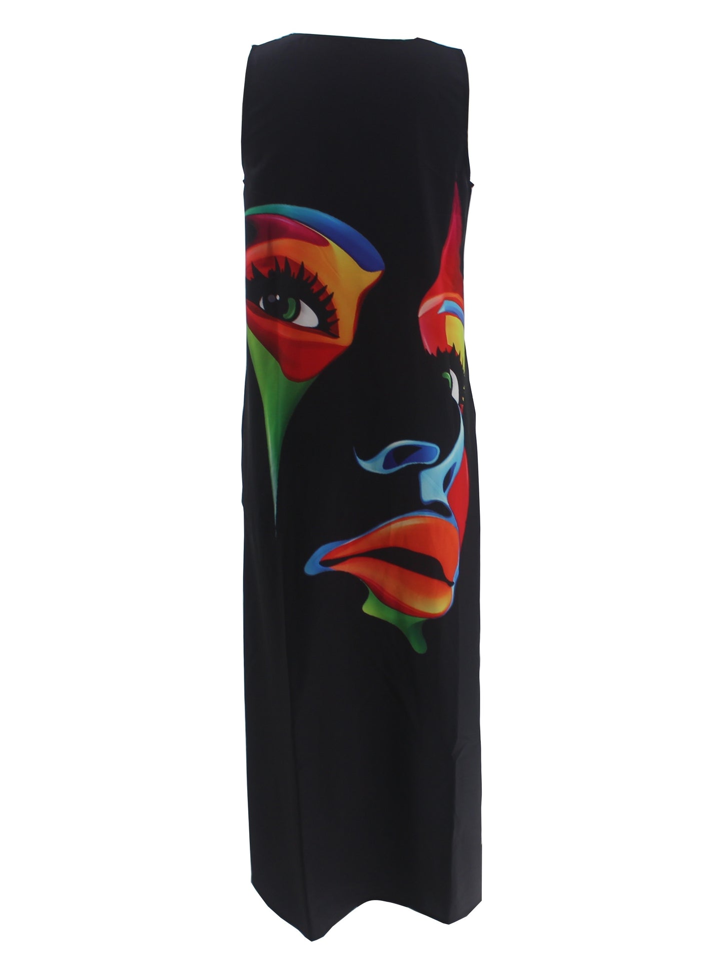 Abstract Face Notched Neck Dress, Elegant Sleeveless Maxi Dress, Women's Clothing