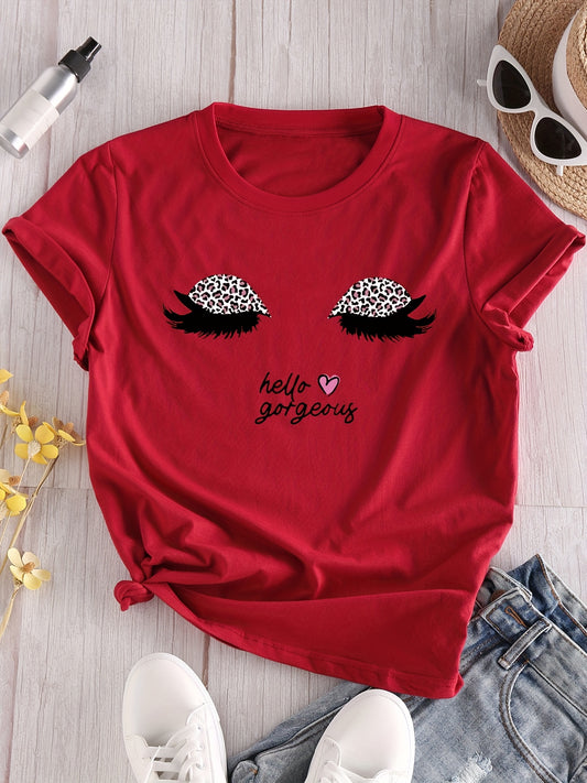 T-shirt con stampa di lettere e occhi di leopardo, t-shirt a maniche corte girocollo casual, abbigliamento femminile