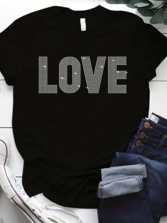 T-shirt con strass con lettera d'amore, t-shirt girocollo casual a maniche corte per la primavera e l'estate, abbigliamento femminile