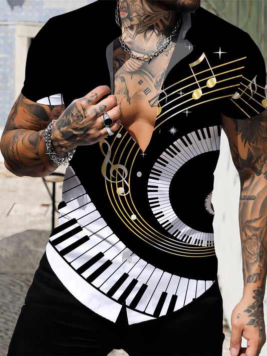 Men's Piano Music 3D Print Fashion Short Sleeve V-neck Button Down Shirts, Men's Summer Clothes, Casual Graphic Tops, Men's Novelty Pajamas Tops