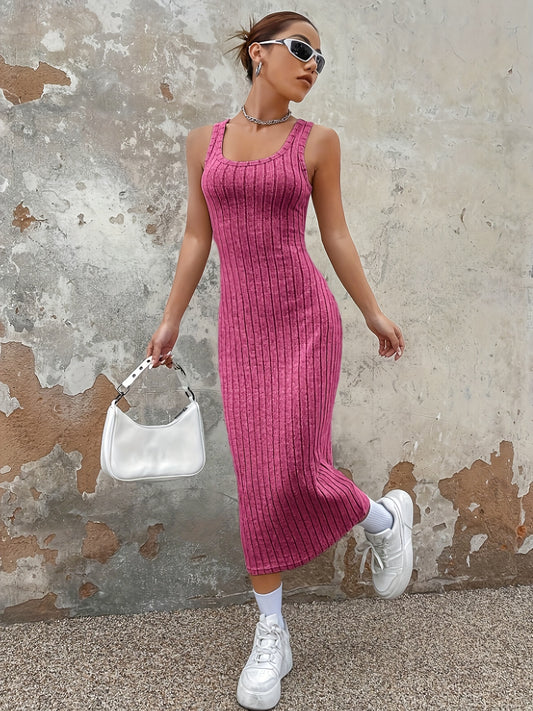 Bodycon Ribbed Knit Tank Dress, Casual Scoop Neck Sleeveless Ankle Length Dress, Women's Clothing