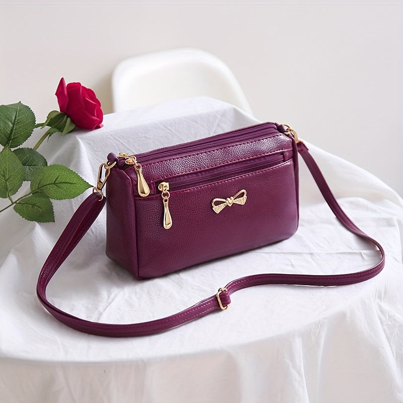 Stylish Cute Crossbody Bag, Solid Color Casual Simple PU Leather Shoulder Bag With Bow Decor, Women's Simple Versatile Handbag & Purse