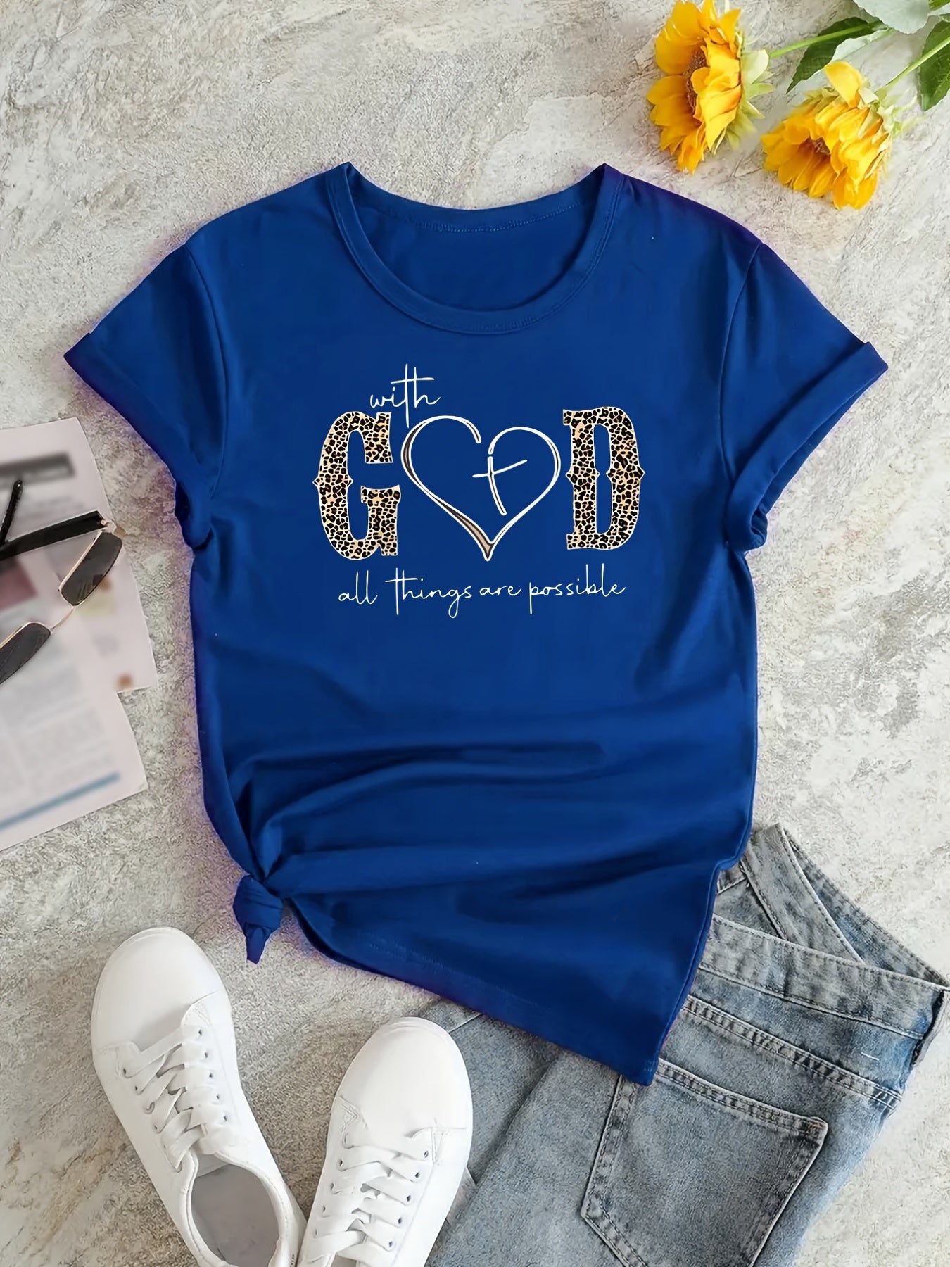 With God Print T-Shirt, Summer Short Sleeve Crew Neck Casual Top, Women's Clothing