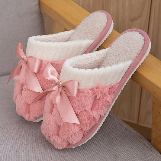 Solid Color Home Warm Slippers, Slip On Soft Sole Fluffy Flat Bowknot Decor Shoes, Winter Plush Cozy Non-slip Shoes