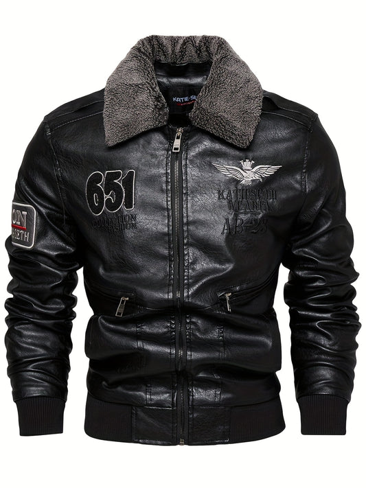 Retro PU Bomber Jacket, Men's Casual Embroidery Zip Up Lapel Faux Leather Jacket For Fall Winter