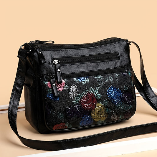 Flower Pattern Crossbody Bag, Fashion Zipper Shoulder Bag, Casual Purse For Women