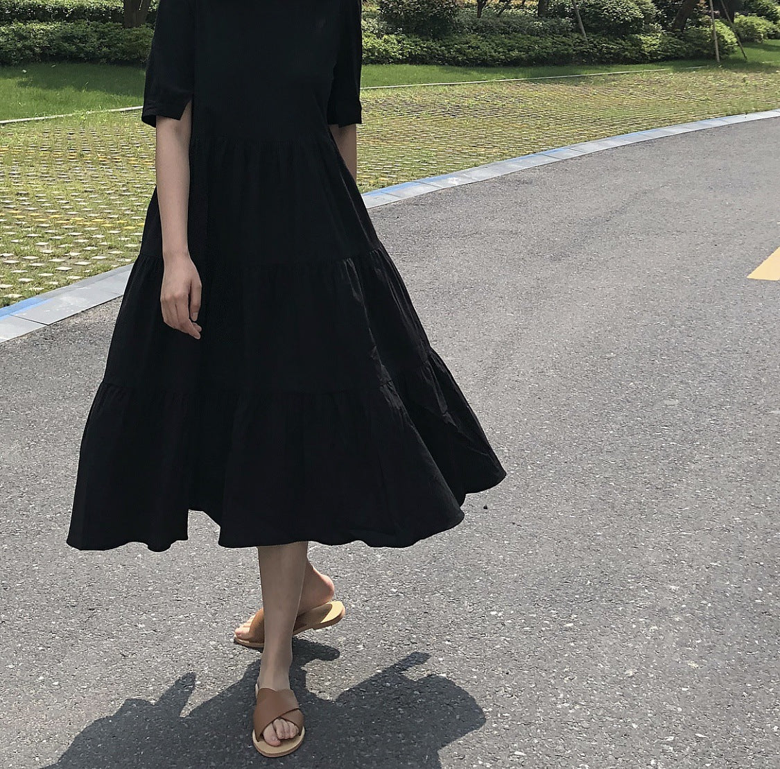 Lufu summer new cold dark dress A word skirt large swing loose literary fashion black long skirt thin female