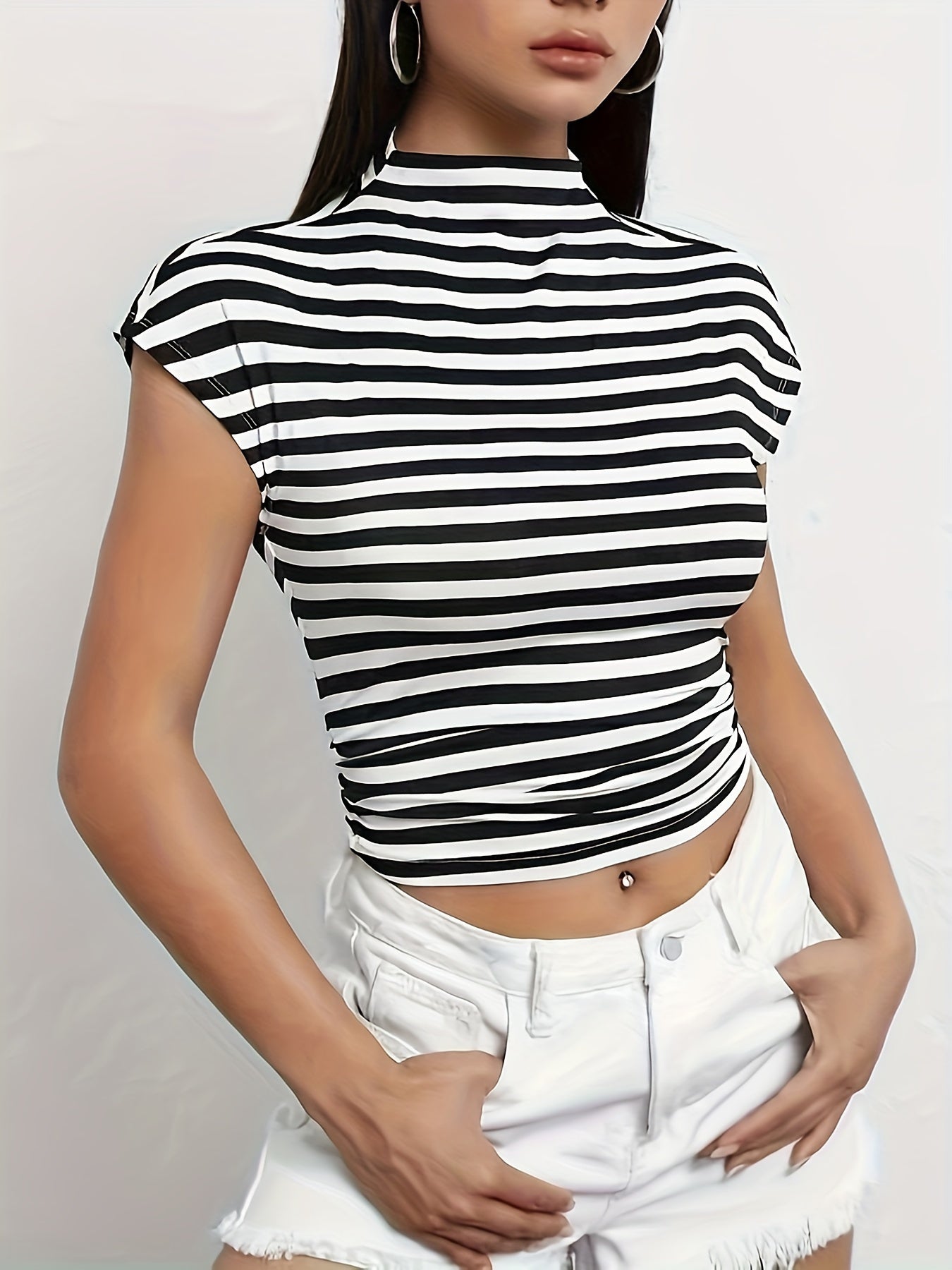 Striped Mock Neck T-Shirt, Casual Short Sleeve T-Shirt For Spring & Summer, Women's Clothing