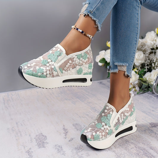 Women's Floral Lace Platform Shoes, Casual Height Increasing Slip On Shoes, Versatile Low Top Shoes