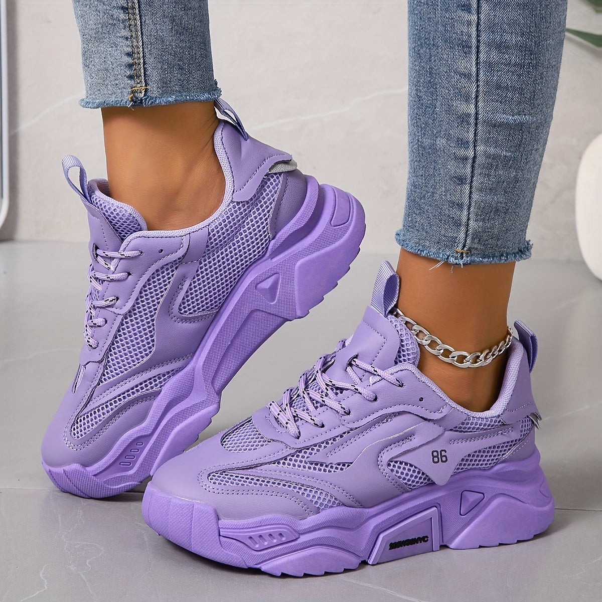 Women's Colorblock Chunky Sneakers, Casual Lace Up Low Top Sports Shoes, All-Match Walking Trainers