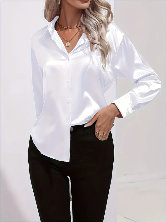 Plus Size Solid Collared Shirt, Elegante Camicia A Maniche Lunghe Con Bottoni Frontali, Abbigliamento Da Donna Taglie Forti