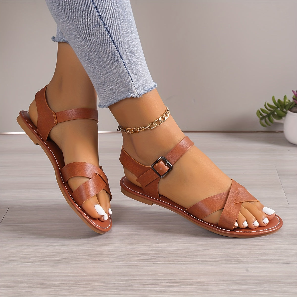 Women's Criss Cross Strap Flat Sandals, Open Toe Ankle Buckle Strap Shoes, Casual Summer Sandals