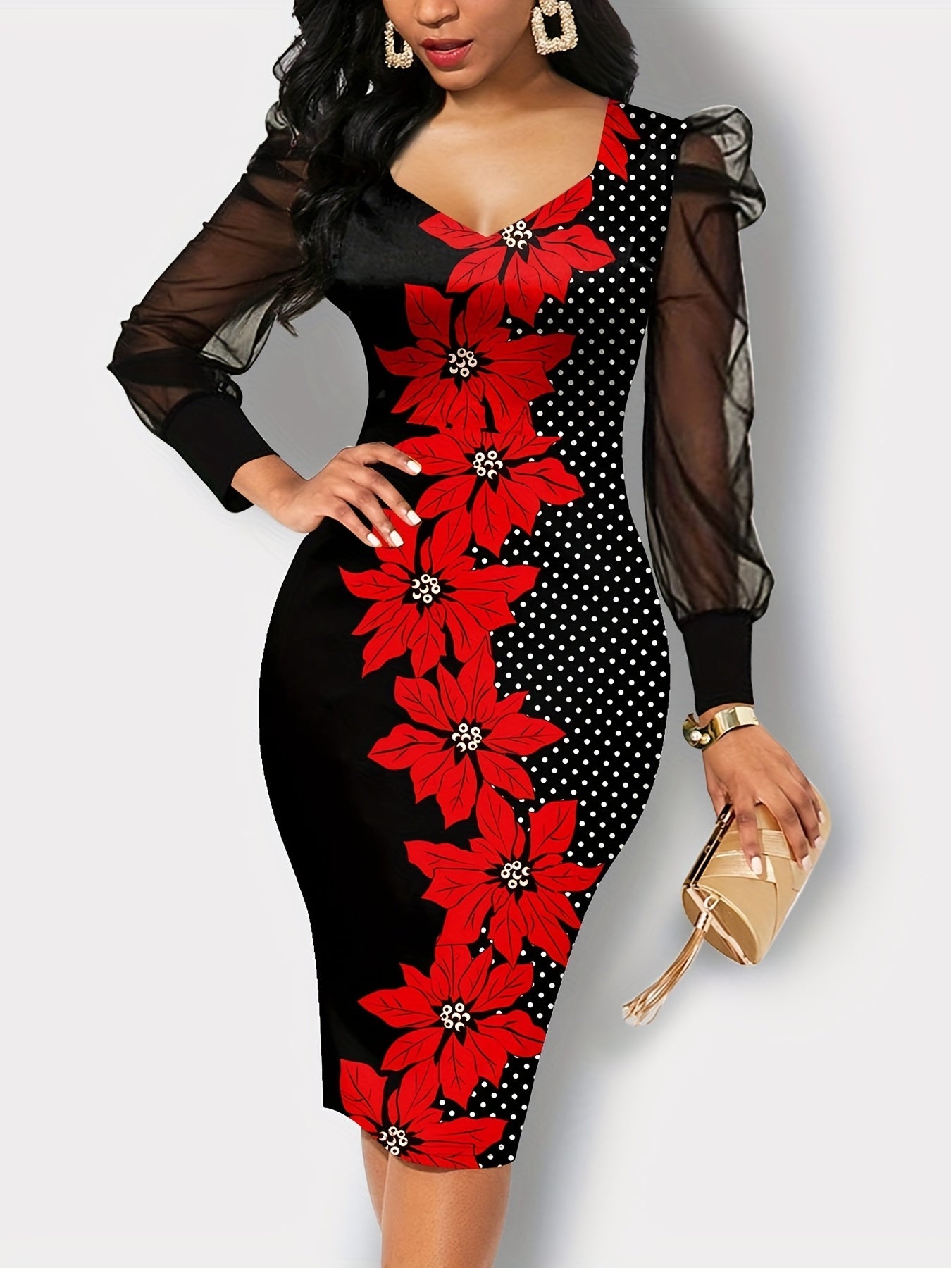 Butterfly Print Contrast Mesh Dress, Elegant Crew Neck Long Sleeve Dress, Women's Clothing