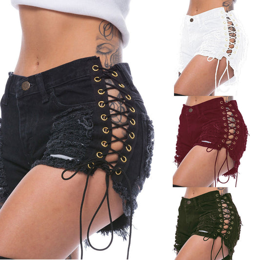 21 Net Red Amazon eBay Europe and America Hole Side Corn Bandage Denim Shorts Fashion Women's Stretch Hot Pants