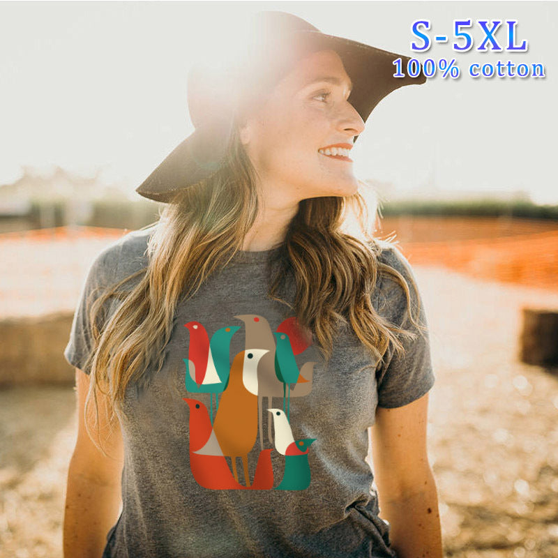 Spot goods! Wish eBay Wholesale Interesting Colorful Bird Trouded Women's T-Shirt Summer Short Sleeve