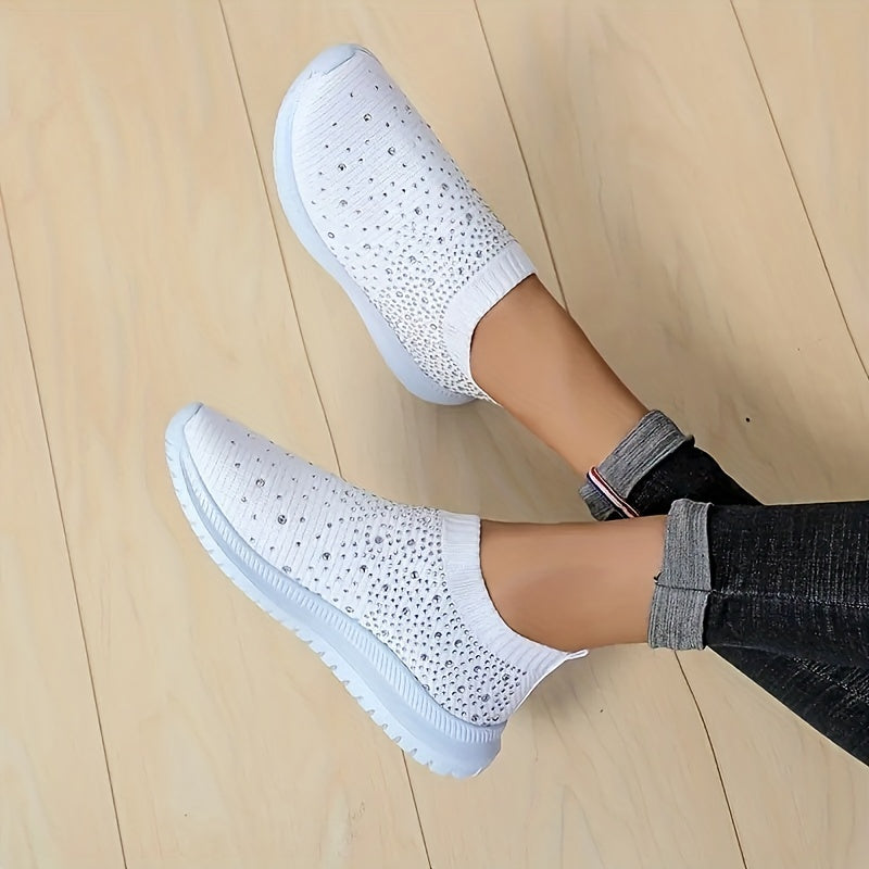 Women's Rhinestone Sock Shoes, Comfortable Low Top Slip On Sports Shoes, Casual Walking Sneakers