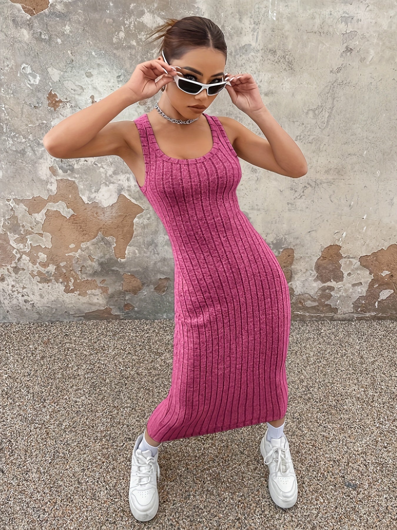 Bodycon Ribbed Knit Tank Dress, Casual Scoop Neck Sleeveless Ankle Length Dress, Women's Clothing