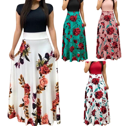 Cross-border Wish Amazon 2019 hot European and American style wind flower printing color matching dress long skirt long sleeve 5XL