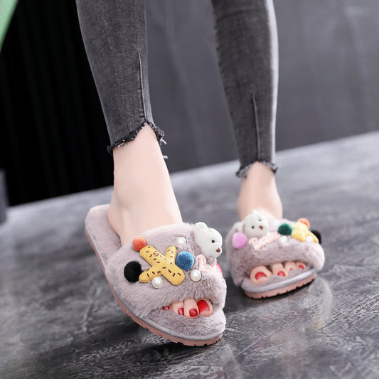 A generation of Korean cotton slippers female plush home slippers word hairy slippers autumn and winter wear slippers custom