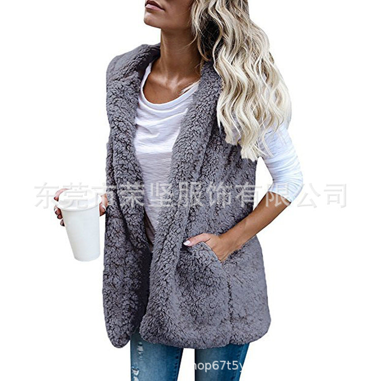 2019 cross-border hot style women's amazon wish plush plush vest aliexpress sleeveless jacket hooded vest