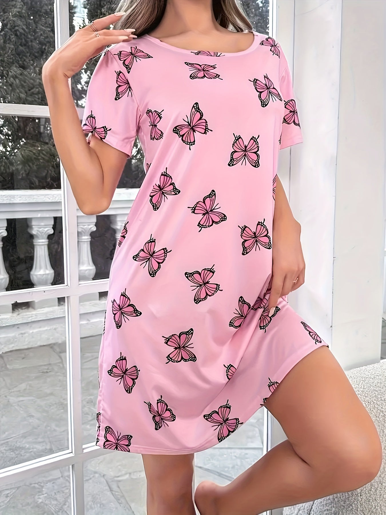 Butterfly Print Crew Neck Dress, Casual Short Sleeve Dress For Spring & Summer, Women's Clothing