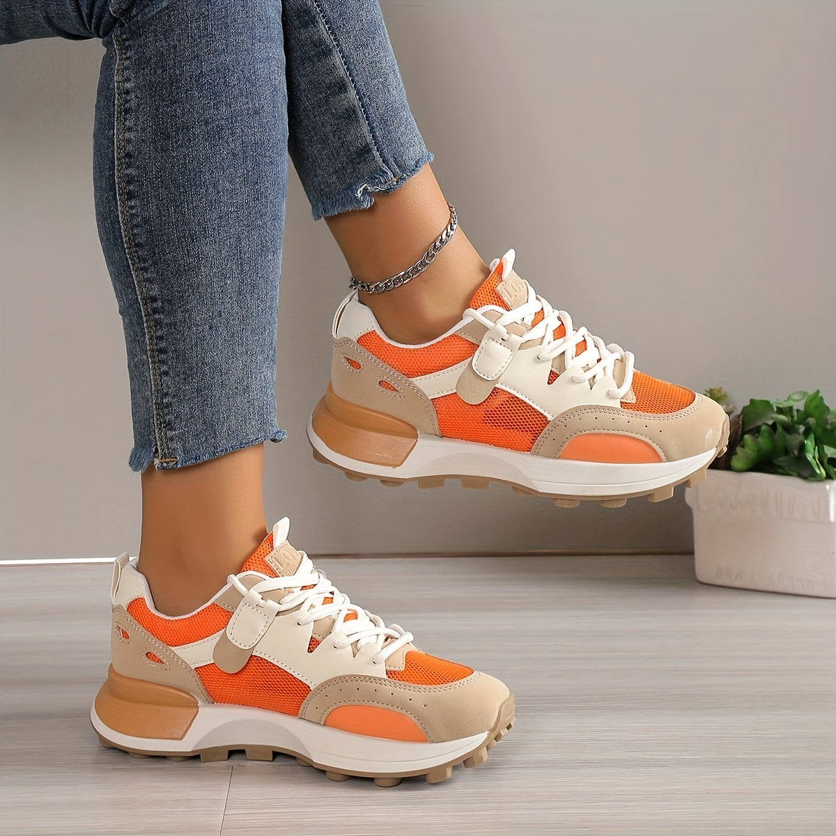 Women's Colorblock Casual Sneakers, Lace Up Low-top Round Toe Non-slip Soft Breathable Trainers, Comfy Versatile Shoes