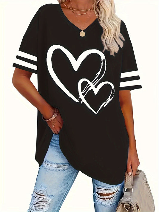 T-shirt Taglie Forti Con Stampa Di Cuori E Righe, Top Casual A Maniche Corte Con Scollo A V Per La Primavera E L'estate, Abbigliamento Taglie Forti Da Donna